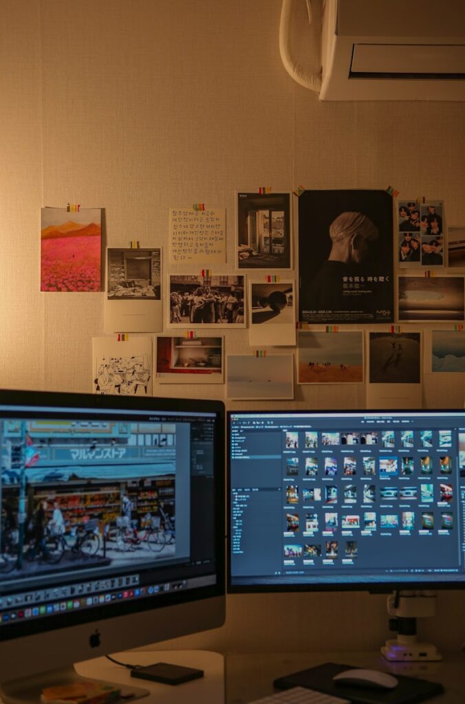 Cozy home office setup with computer monitors.