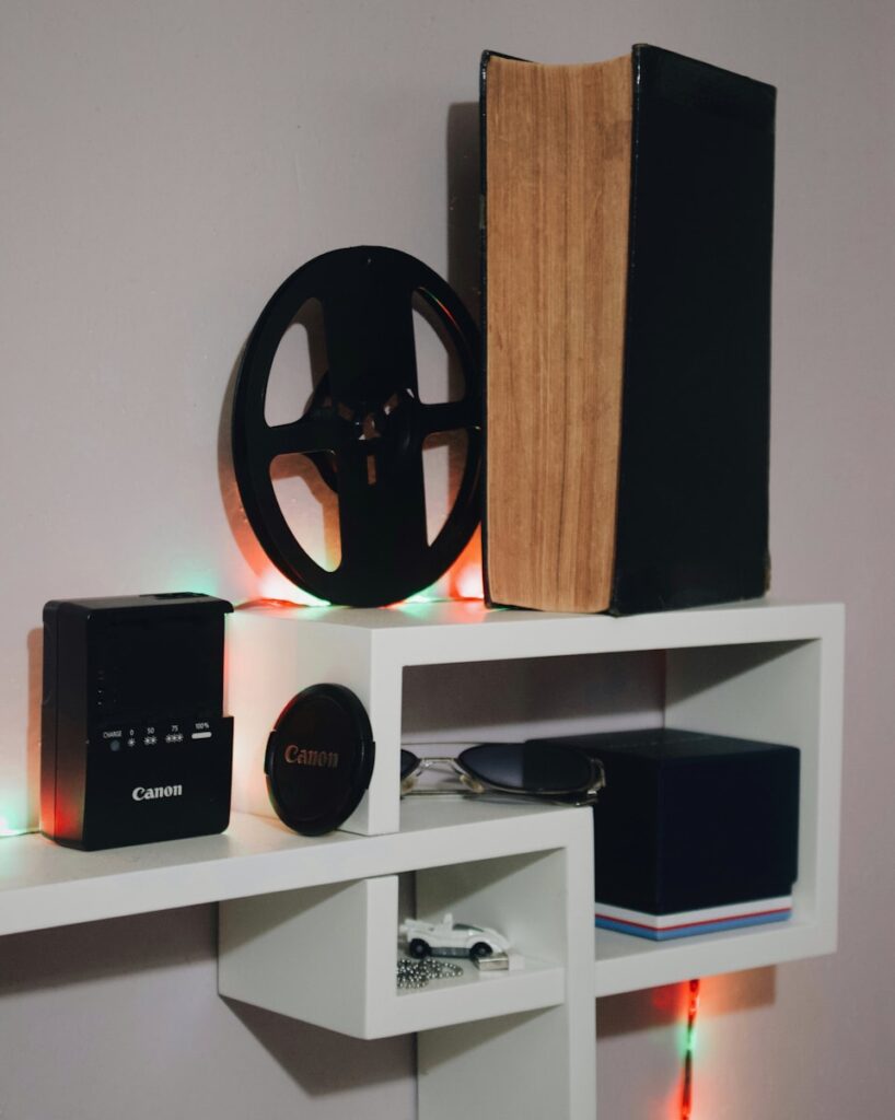 black and white box on white wooden shelf