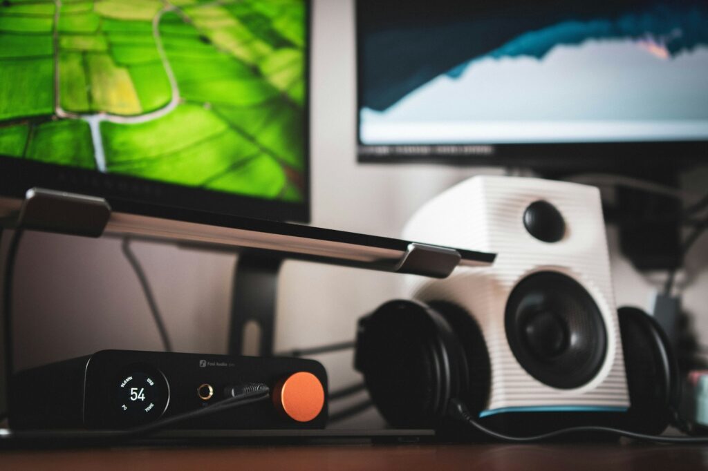 Desktop audio equipment with two monitors