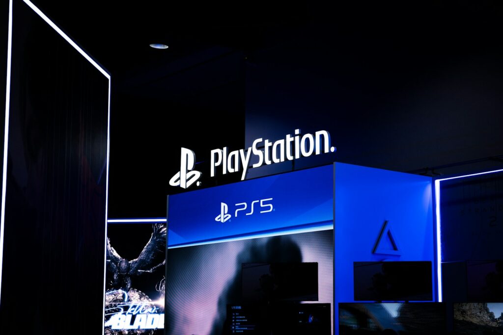 Playstation logo and ps5 branding at night