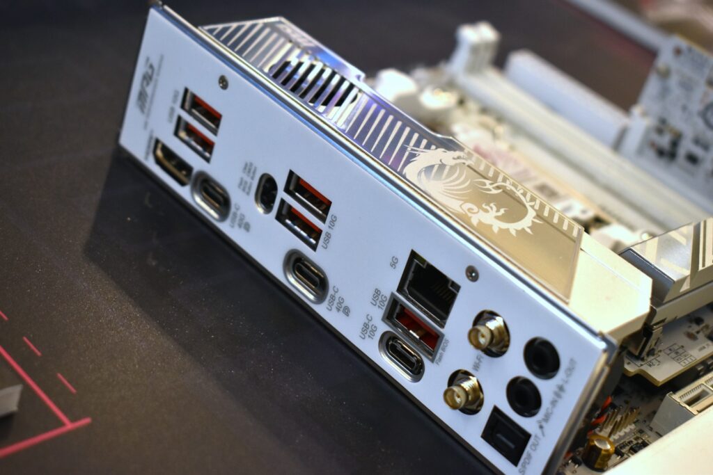 Close-up of computer motherboard rear i/o ports.
